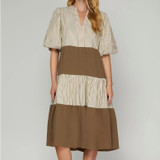 Taupe Contrast Striped Tiered Midi Dress