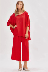 Red Oversized Solid Top with Cropped Pant Set