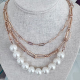 Triple Line Pearl Statement Costume Necklace in Gold