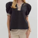 Black Leopard Trim Top