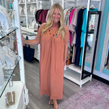 Dark Caramel Pleated Solid Woven Midi 