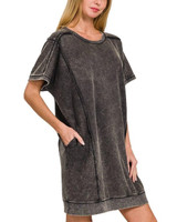 Casual Terry Acid Wash Dress - Ash Black