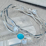 Large size Sterling Silver Wavy Flow Bangle Bracelet - Pearl