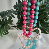 Oversized Heart Pendant Wood Bead Long Necklace