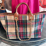 Beige Oversized Plaid Tote Bag 