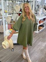 Olive Bubble Sleeve Collared V Dress