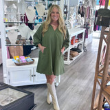 Olive Bubble Sleeve Collared V Dress