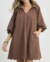 Brown Bubble Sleeve Collared V Dress