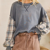 Blue Plaid Bubble Sleeve Top