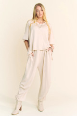 Beige Flowy Top & Barrel Pant Set