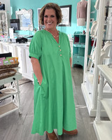 Green A-Line Midi Dress with Heart Buttons