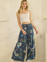 Botanical Print Wide Leg Denim Palazzo Pant
