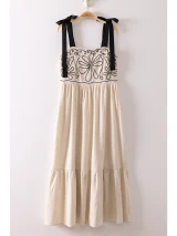 Embroidered Detail Midi Dress- Oatmeal & Black 