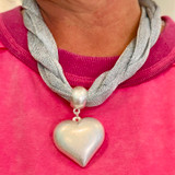 Matte Silver Heart Mesh Statement Necklace