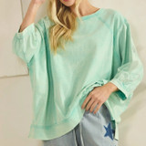Oversized Aqua Mineral-Washed Puff Sleeve Top 