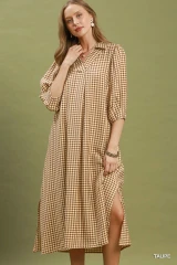 Gingham Check Collared Midi Dress - Taupe