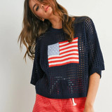 Flag Open Knit Crochet Sweater Top- Navy 