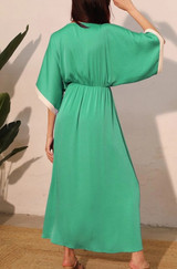 Green Contrast Band Kimono Front Slit Maxi Dress 