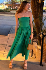 Green Strapless Cotton Midi Dress with Pockets