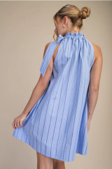 Ruffle Neck Tie Sleeveless Mini - Blue Stripe