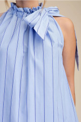 Ruffle Neck Tie Sleeveless Mini - Blue Stripe