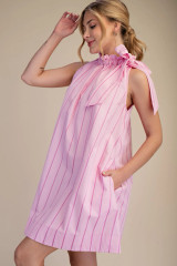 Ruffle Neck Tie Sleeveless Mini - Pink Stripe