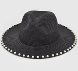 Pearl Beaded Rim Straw Hat - Black 