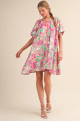 Pink/Green Floral Print Bubble Sleeve Mini Dress