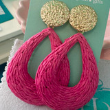 Hot Pink Teadrop Raffia Statement Earrings 