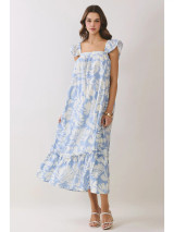 Tropical Print Blue Flutter Sleeve Midi Dress