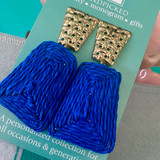 Blue Raffia Basketweave Statement Earrings 