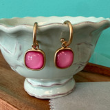 Pink Square Link Drop Hoop Earrings 