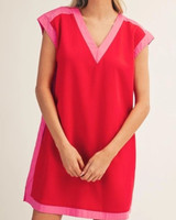 Red & Pink Colorblock Mini Dress