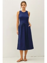 Navy Cotton Tank Dress with Gauze Skirt