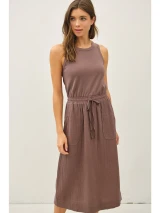 Cotton Tank Dress with Gauze Skirt - Cocoa