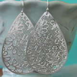 Silver Floral Leaf Teardrop Filigree Earrings