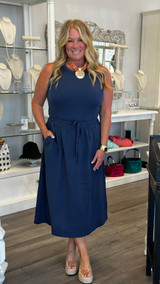 Navy Cotton Tank Dress with Gauze Skirt 