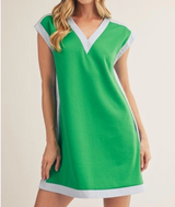 Scuba Contrast Trim V Neck Dress -Green