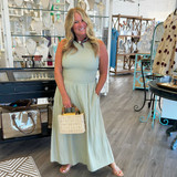 Boatneck Sage Smocked Tank Midi Dress 