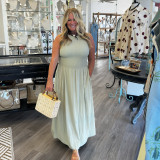 Boatneck Sage Smocked Tank Midi Dress 