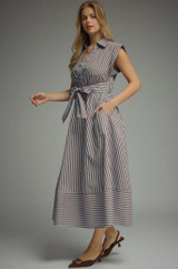 Blue/Brown Cap Sleeve Cotton Midi Striped Dress