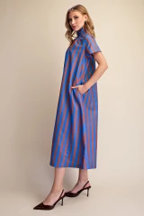 High Neck Blue/Brown Striped Midi Striped Dress