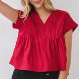 Pintuck Pleated Detail Poplin Top in Crimson