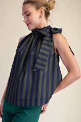 Olive & Navy Striped Tie Shoulder Top