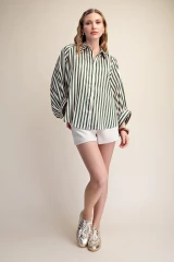 Striped Satin Feel Bubble Sleeve Top - Olive 