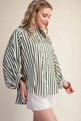 Striped Satin Feel Bubble Sleeve Top - Olive 