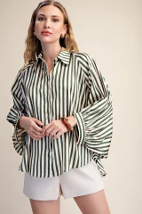 Striped Satin Feel Bubble Sleeve Top - Olive 