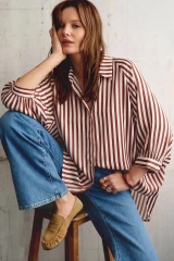 Striped Satin Feel Bubble Sleeve Top - Burgundy