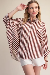 Striped Satin Feel Bubble Sleeve Top - Burgundy
