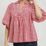 Gingham Smocked Puff Sleeve Top